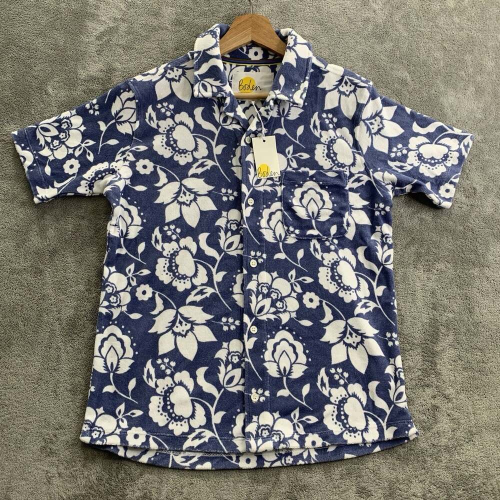 Boden Shirt Youth Boys Size 13-14 Years Button Up Terry Towel Blue Floral Print